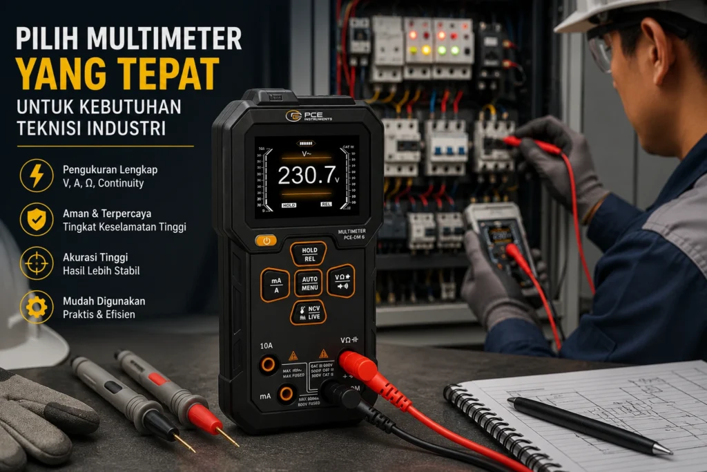 Teknisi listrik menggunakan digital multimeter PCE-DM 6 untuk melakukan pengukuran pada panel kontrol industri sebagai bagian dari proses inspeksi, maintenance, dan troubleshooting sistem kelistrikan.