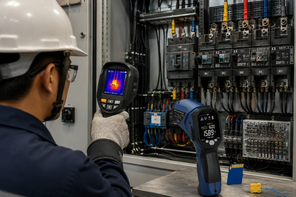 Teknisi memeriksa hotspot pada panel listrik menggunakan thermal camera
