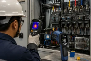 Teknisi memeriksa hotspot pada panel listrik menggunakan thermal camera