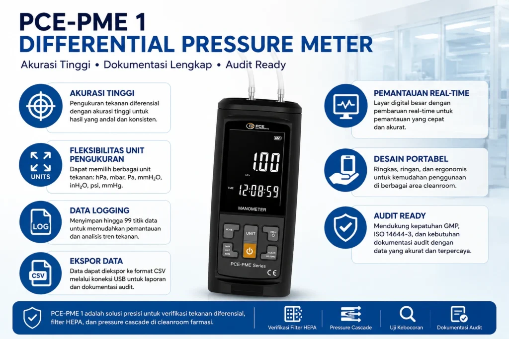 Teknisi cleanroom farmasi Indonesia melakukan pengukuran tekanan diferensial pada sistem HVAC menggunakan Differential Pressure Meter PCE-PME 1 untuk verifikasi filter HEPA dan memastikan pressure cascade memenuhi standar GMP.