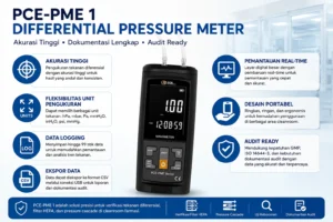 Teknisi cleanroom farmasi Indonesia melakukan pengukuran tekanan diferensial pada sistem HVAC menggunakan Differential Pressure Meter PCE-PME 1 untuk verifikasi filter HEPA dan memastikan pressure cascade memenuhi standar GMP.