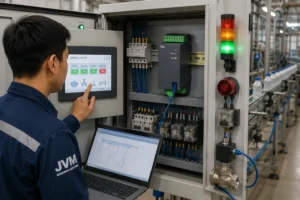 Teknisi memasang output module PCE-SM4 pada DIN rail untuk mengendalikan relay dari HMI
