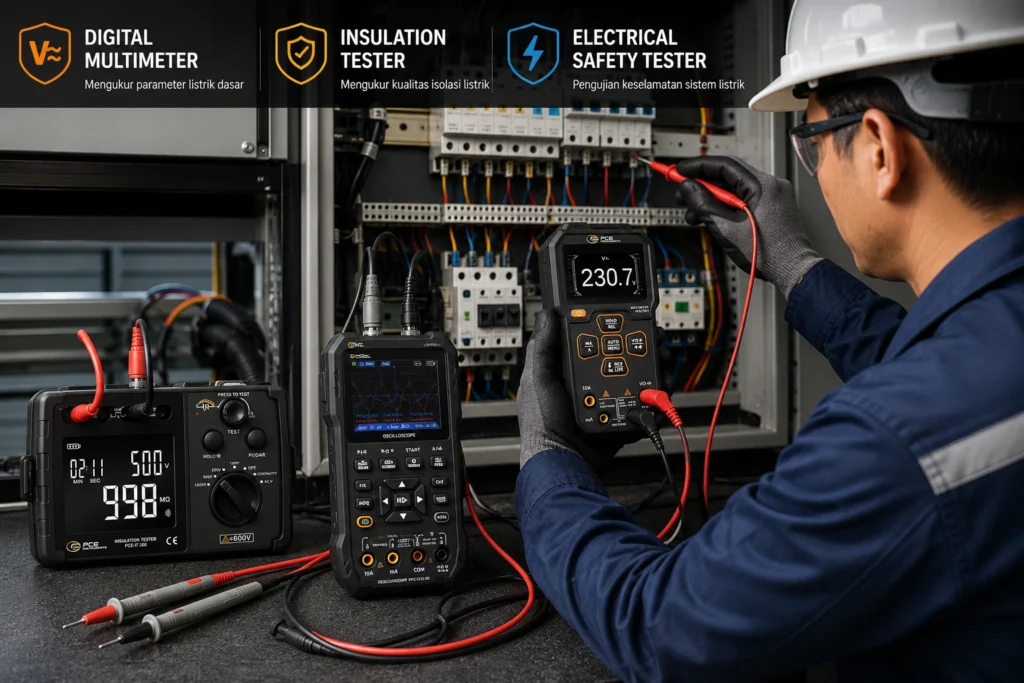 Teknisi listrik menggunakan digital multimeter untuk mengukur tegangan pada panel listrik industri, dengan insulation tester dan electrical safety tester sebagai alat pendukung dalam proses inspeksi dan maintenance sistem kelistrikan.