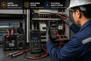 Teknisi listrik menggunakan digital multimeter untuk mengukur tegangan pada panel listrik industri, dengan insulation tester dan electrical safety tester sebagai alat pendukung dalam proses inspeksi dan maintenance sistem kelistrikan.
