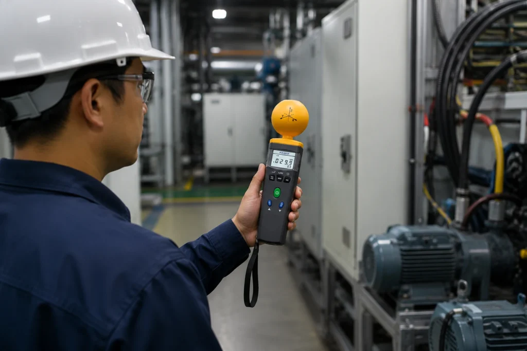 Teknisi sedang menggunakan EMF Meter untuk mengukur medan elektromagnetik pada panel listrik di lingkungan industri.