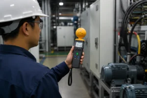 Teknisi sedang menggunakan EMF Meter untuk mengukur medan elektromagnetik pada panel listrik di lingkungan industri.