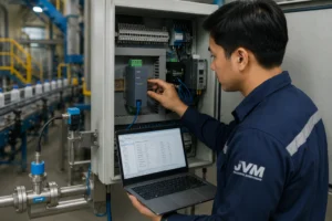 Teknisi memasang modul input pulsa PCE-SM3 pada DIN rail di dalam panel kontrol