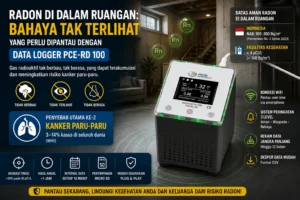 Feature image menampilkan ruang basement dengan ilustrasi gas radon yang tidak terlihat serta alat PCE-RD 100 Radon Data Logger sebagai solusi untuk memantau kadar radon secara real-time, lengkap dengan indikator batas aman dan fitur peringatan dini.