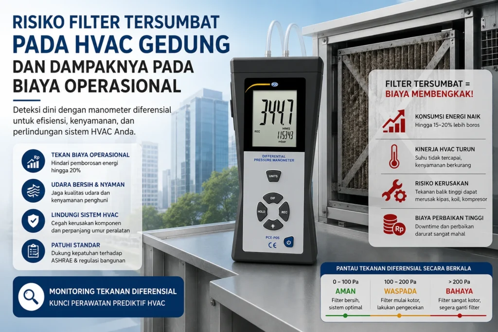 Differential Pressure Manometer PCE-P05 digunakan untuk mengukur tekanan diferensial pada filter HVAC gedung, ditampilkan di depan unit filter udara yang kotor sebagai ilustrasi deteksi dini penyumbatan filter.