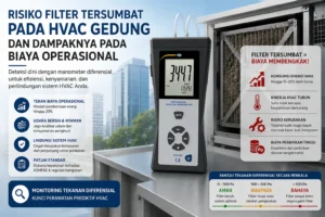 Differential Pressure Manometer PCE-P05 digunakan untuk mengukur tekanan diferensial pada filter HVAC gedung, ditampilkan di depan unit filter udara yang kotor sebagai ilustrasi deteksi dini penyumbatan filter.