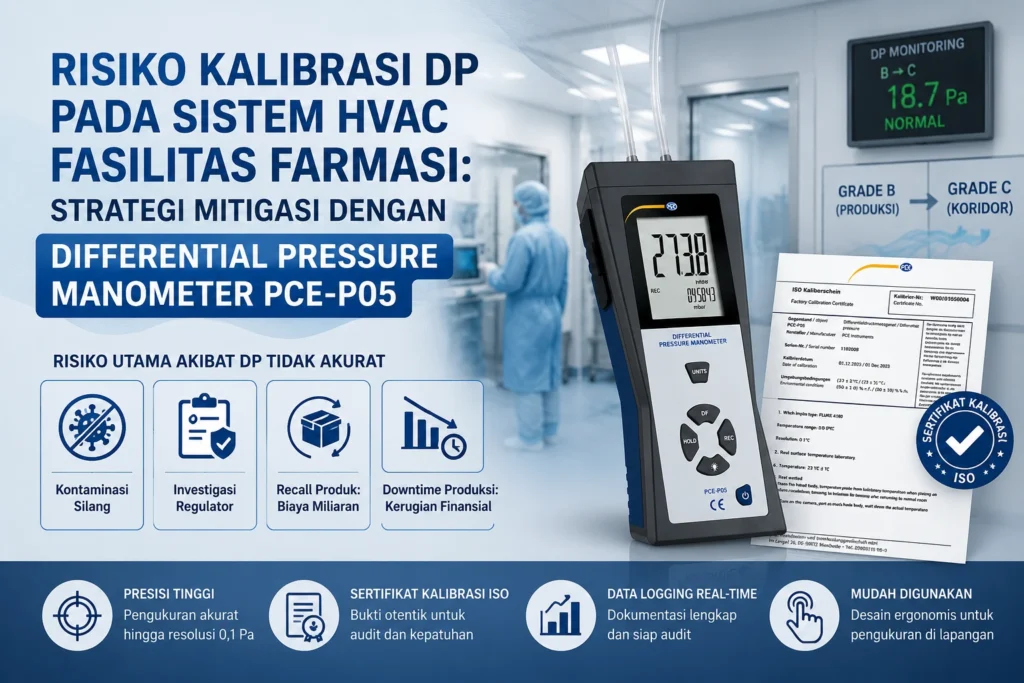 Feature image artikel tentang risiko kalibrasi differential pressure (DP) pada sistem HVAC fasilitas farmasi yang menampilkan Differential Pressure Manometer PCE-P05 beserta sertifikat kalibrasi ISO, dengan latar belakang cleanroom farmasi dan ilustrasi monitoring tekanan diferensial antar ruang sebagai solusi untuk mencegah kontaminasi silang serta mendukung kepatuhan audit.