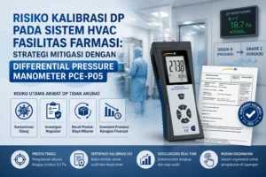 Feature image artikel tentang risiko kalibrasi differential pressure (DP) pada sistem HVAC fasilitas farmasi yang menampilkan Differential Pressure Manometer PCE-P05 beserta sertifikat kalibrasi ISO, dengan latar belakang cleanroom farmasi dan ilustrasi monitoring tekanan diferensial antar ruang sebagai solusi untuk mencegah kontaminasi silang serta mendukung kepatuhan audit.
