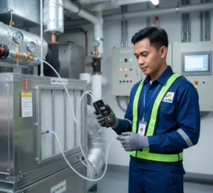 Teknisi berseragam biru dan rompi keselamatan sedang memeriksa unit AHU menggunakan alat ukur digital di ruang mekanikal.