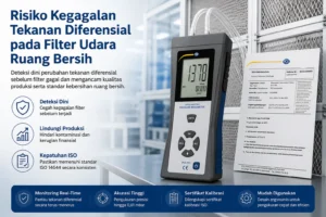 Differential Pressure Manometer PCE-P01 digunakan untuk memantau tekanan diferensial pada filter udara ruang bersih, dengan latar belakang sistem filter HVAC cleanroom dan sertifikat kalibrasi sebagai pendukung pengukuran akurat.