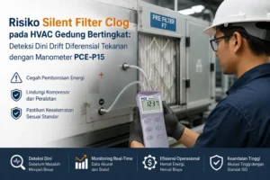 Seorang teknisi Indonesia melakukan pengukuran tekanan diferensial pada filter HVAC menggunakan Differential Pressure Manometer PCE-P15 untuk mendeteksi dini penyumbatan filter (silent filter clog) di ruang mekanikal gedung bertingkat.
