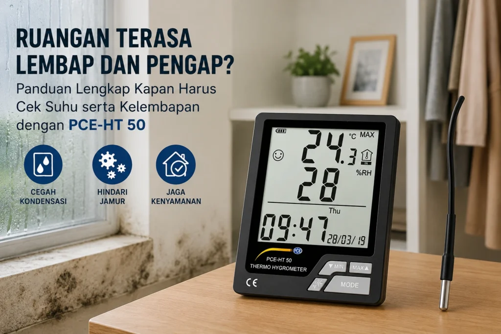 Feature image menampilkan alat Dew Point Thermometer PCE-HT 50 dengan sensor eksternal di atas meja dalam ruangan yang mengalami kelembapan tinggi. Pada latar belakang terlihat jendela berembun dan dinding berjamur sebagai ilustrasi masalah kondensasi. Terdapat judul "Ruangan Terasa Lembap dan Pengap?" serta ikon yang menggambarkan manfaat pemantauan suhu dan kelembapan untuk mencegah kondensasi, jamur, dan menjaga kenyamanan ruangan.