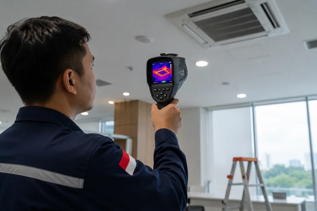 Teknisi Indonesia menggunakan thermal camera untuk memeriksa distribusi suhu pada sistem HVAC di plafon gedung perkantoran guna mendeteksi area panas, kebocoran termal, dan masalah pendinginan.