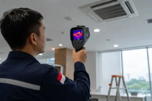 Teknisi Indonesia menggunakan thermal camera untuk memeriksa distribusi suhu pada sistem HVAC di plafon gedung perkantoran guna mendeteksi area panas, kebocoran termal, dan masalah pendinginan.