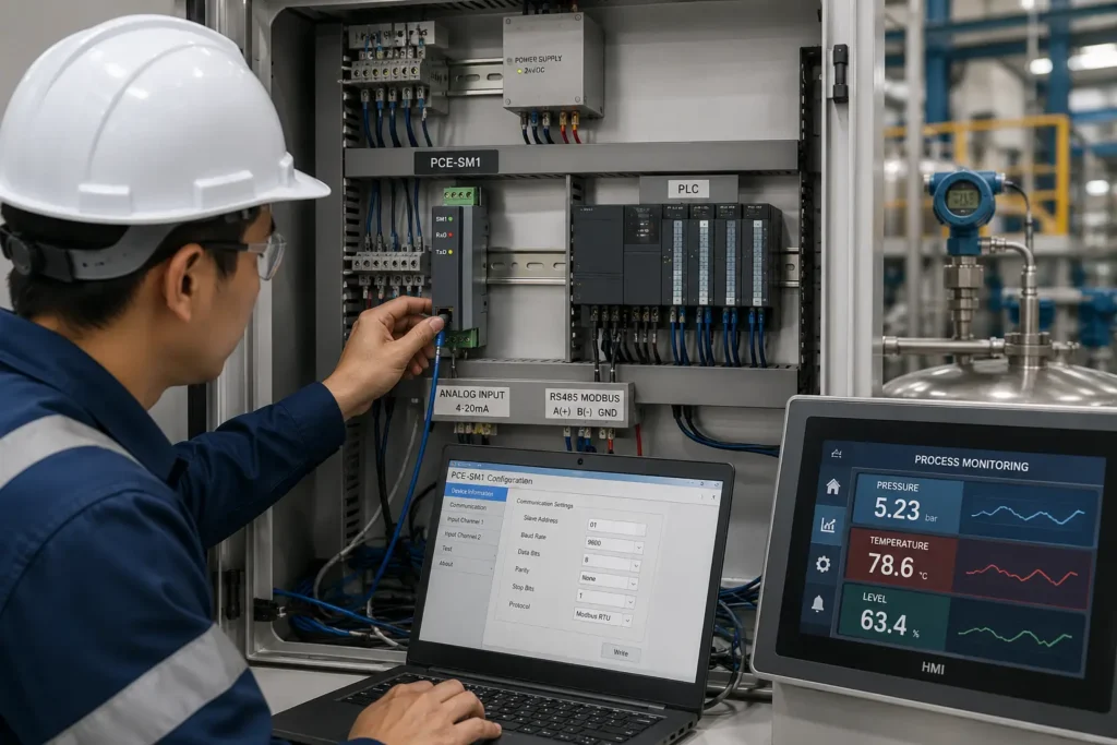 Teknisi memasang modul input analog PCE-SM1 pada DIN rail di dalam panel kontrol