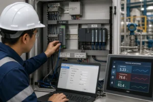 Teknisi memasang modul input analog PCE-SM1 pada DIN rail di dalam panel kontrol