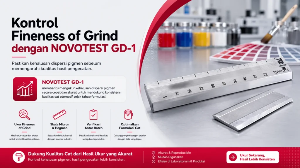 Kontrol Fineness of Grind dengan NOVOTEST GD-1membantu mengukur kehalusan dispersi pigmen secara cepat dan akurat untuk mendukung konsistensi kualitas cat otomotif sejak tahap formulasi