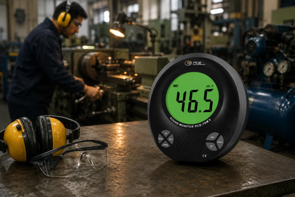 Feature image menampilkan suasana workshop industri dengan operator mesin menggunakan pelindung telinga. Di bagian depan terlihat Decibel Meter PCE-TSM 5 sebagai alat untuk mengukur tingkat kebisingan guna menjaga keselamatan dan kenyamanan kerja.