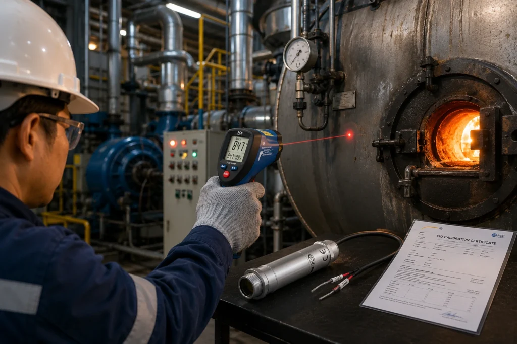 Teknisi mengukur suhu permukaan furnace menggunakan pyrometer inframerah