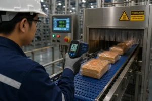 Teknisi mengukur suhu produk bergerak di atas conveyor menggunakan termometer inframerah
