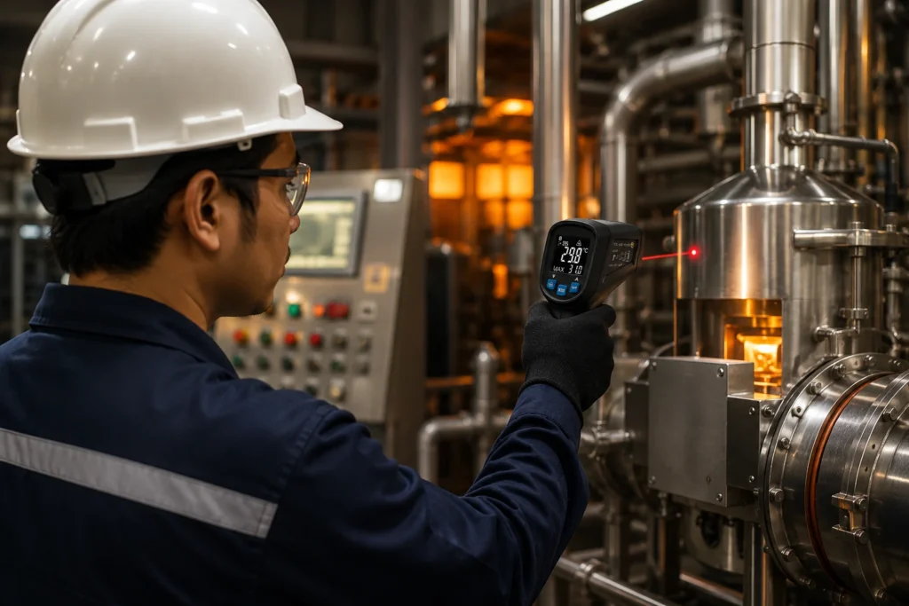 Teknisi Indonesia menggunakan termometer inframerah untuk mengukur suhu mesin produksi di pabrik industri.