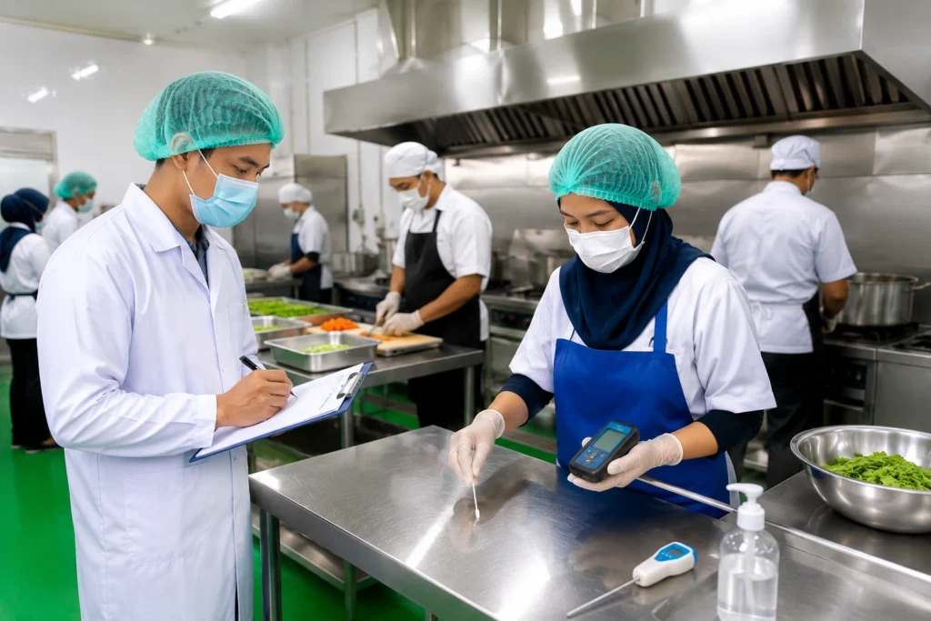 Petugas melakukan inspeksi higiene sanitasi di dapur SPPG dengan memeriksa kebersihan permukaan menggunakan ATP meter, sementara penjamah pangan bekerja menggunakan APD lengkap di dapur komersial yang bersih.