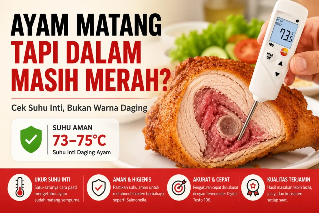Termometer digital Testo 106 digunakan untuk mengukur suhu inti ayam goreng yang masih tampak merah di bagian dalam sebagai cara memastikan kematangan dan keamanan pangan.
