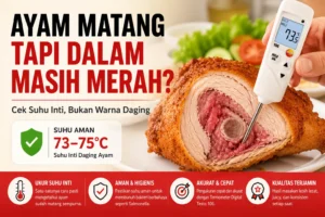 Termometer digital Testo 106 digunakan untuk mengukur suhu inti ayam goreng yang masih tampak merah di bagian dalam sebagai cara memastikan kematangan dan keamanan pangan.