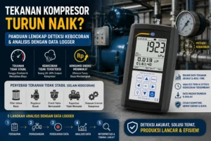 Feature image menampilkan sistem kompresor udara industri dengan pressure gauge yang menunjukkan fluktuasi tekanan serta alat data logger PCE-PDA 1000L di sisi kanan. Visual mengilustrasikan proses deteksi kebocoran dan monitoring tekanan secara real-time untuk menjaga efisiensi sistem pneumatik.