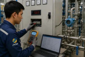 Teknisi memeriksa sinyal 4–20 mA pada transmitter dan indikator digital di panel kontrol