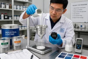 Petugas quality control mengukur waktu alir cat menggunakan DIN flow cup