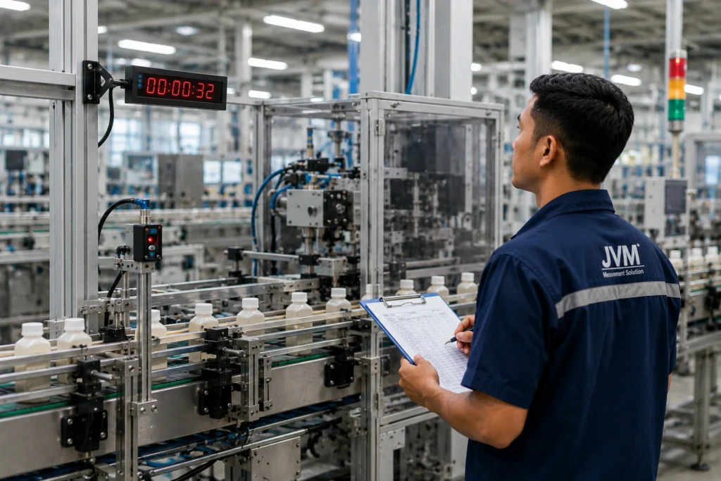 Operator memantau waktu siklus mesin pada digital timer industri berlayar LED besar