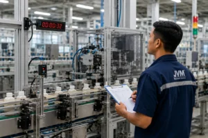 Operator memantau waktu siklus mesin pada digital timer industri berlayar LED besar