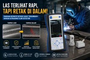 Feature image menampilkan proses pengelasan di workshop dengan ilustrasi perbandingan hasil las yang tampak rapi di permukaan namun memiliki retakan di bagian dalam. Di sisi kanan terlihat Ultrasonic Flaw Detector PCE-FD 20 sebagai alat untuk mendeteksi cacat internal pada sambungan las tanpa merusak material.