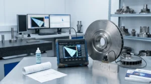 Alat Detektor Cacat Array Bertahap NOVOTEST UD4701PA - menampilkan hasil deteksi porositas pada turbine disc Inconel 718