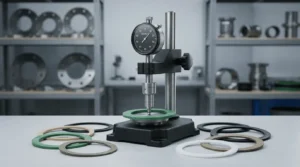 Stand Alat Penguji Kekerasan Shore NOVOTEST - durometer terpasang pada stand, sedang menguji gasket karet