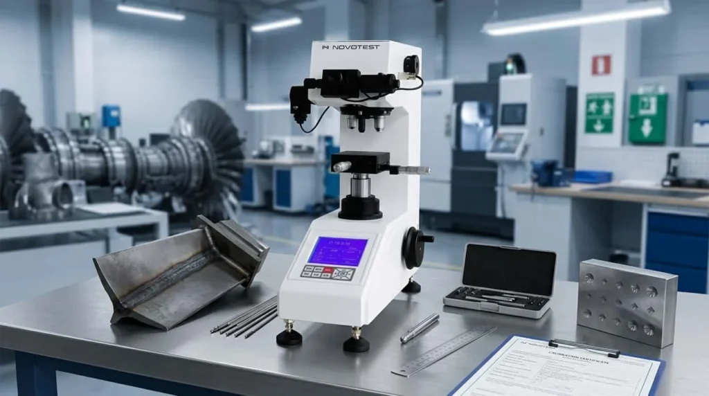 Alat Ukur Tingkat Kekerasan Vickers NOVOTEST TB-V-10 - mesin uji dengan indentor dan layar digital