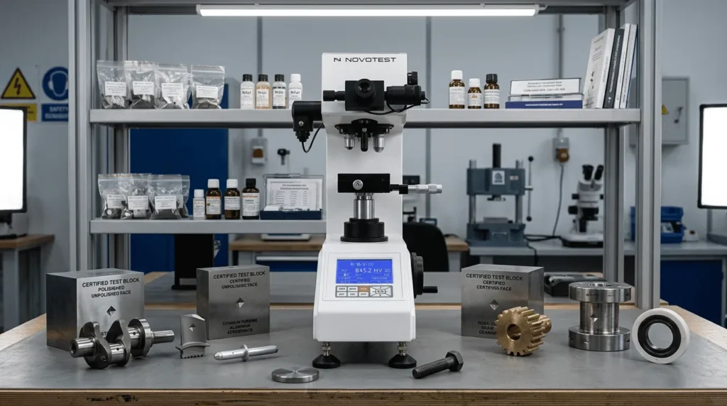 Alat Ukur Tingkat Kekerasan Vickers NOVOTEST TB-V-10 - alat uji dengan layar digital dan mode Force Check untuk verifikasi beban kalibrasi mandiri.