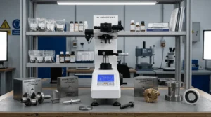 Alat Ukur Tingkat Kekerasan Vickers NOVOTEST TB-V-10 - alat uji dengan layar digital dan mode Force Check untuk verifikasi beban kalibrasi mandiri.