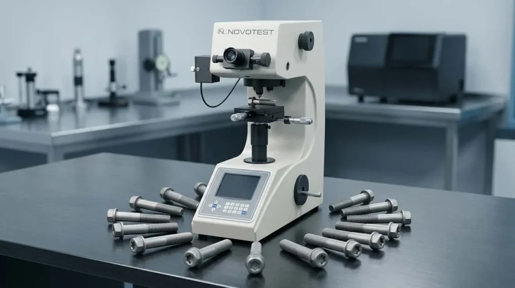 Alat Pengukur Kekerasan Digital Micro Vickers NOVOTEST TB-MCV-1A - alat uji kekerasan digital dengan sampel baut titanium