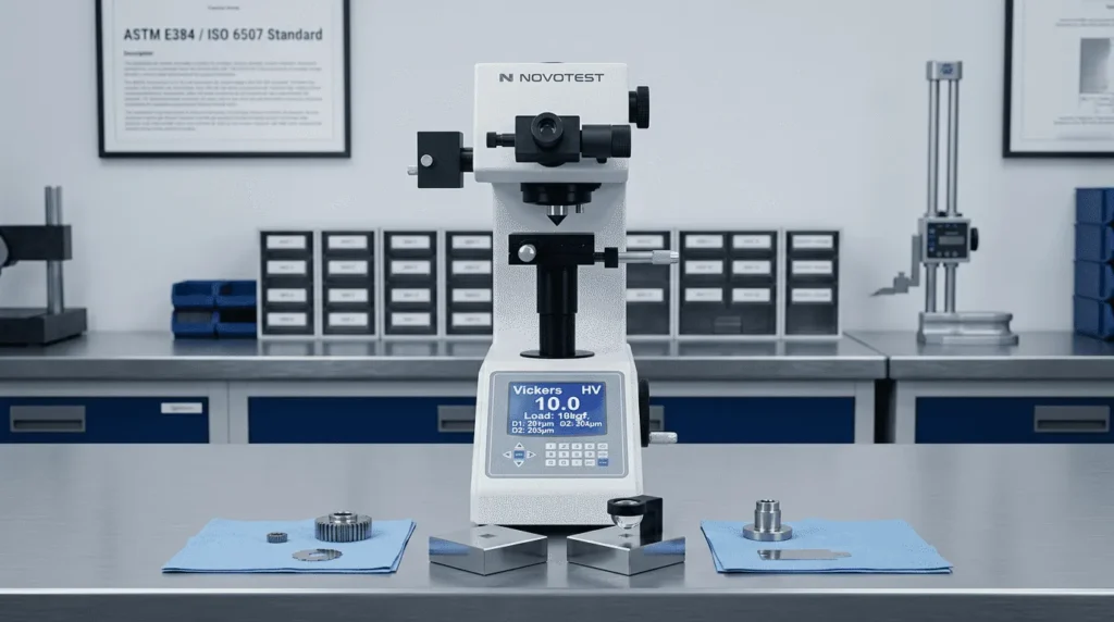 Alat Ukur Tingkat Kekerasan Micro Vickers NOVOTEST TB-MCV-1M - tampilan keseluruhan alat dengan panel kontrol dan indenter.