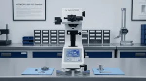Alat Ukur Tingkat Kekerasan Micro Vickers NOVOTEST TB-MCV-1M - tampilan keseluruhan alat dengan panel kontrol dan indenter.