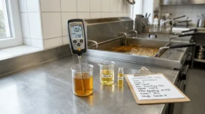 Pengujian minyak goreng dengan alat uji digital untuk industri nugget, sosis, dan bakso.