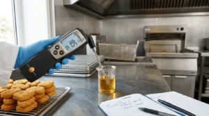 TPM meter measuring oil quality for pre-fried nugget production in commercial kitchen with logbook and fryer background.