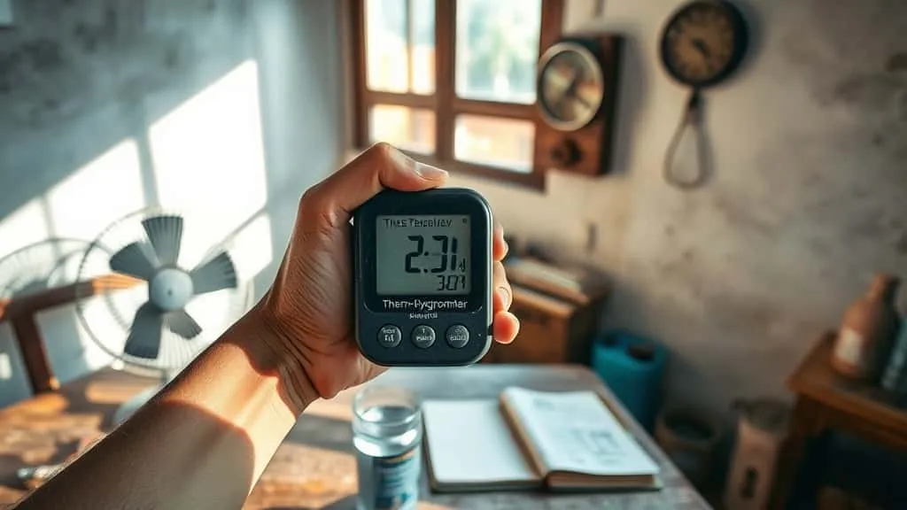 Thermometer dan higrometer digital di tangan menunjukkan suhu udara tinggi dan kelembaban dalam panduan bertahan hidup cuaca panas ekstrem Indonesia.