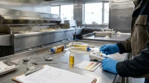 Technician measures industrial cooking oil degradation with refractometer and test strips at a continuous fryer.